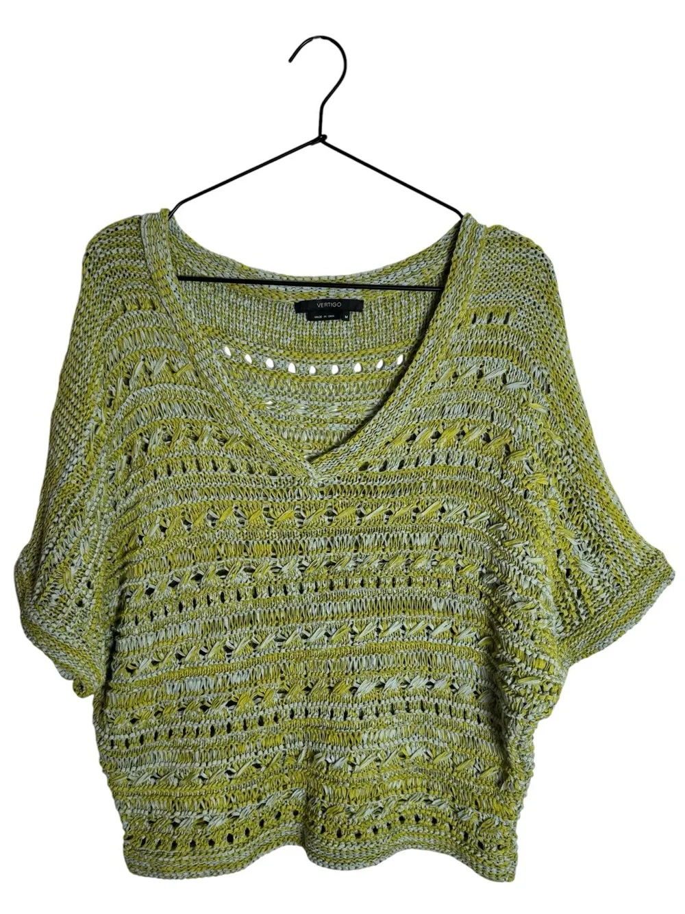 Vertigo Paris Open Knit V-Neck Sweater Lime Green Space Dye Crochet Short Sleeve